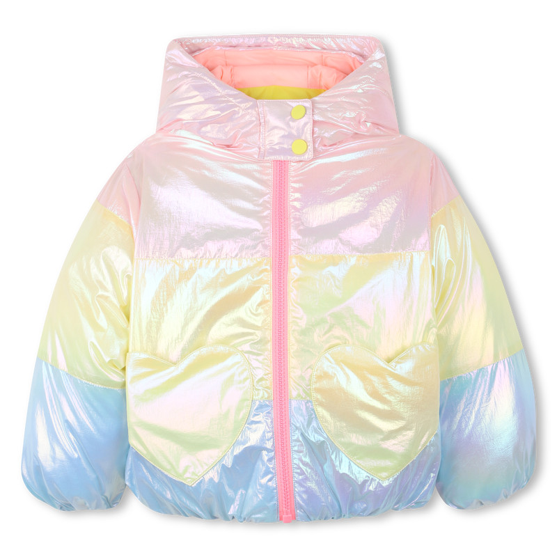 Pastel-colored puffer jacket with a pink zipper on a white background