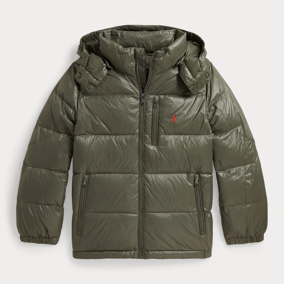 An olive green hooded puffer jacket with horizontal quilting, a front zipper, and a small red embroidered logo on the left chest, displayed against a light gray background.