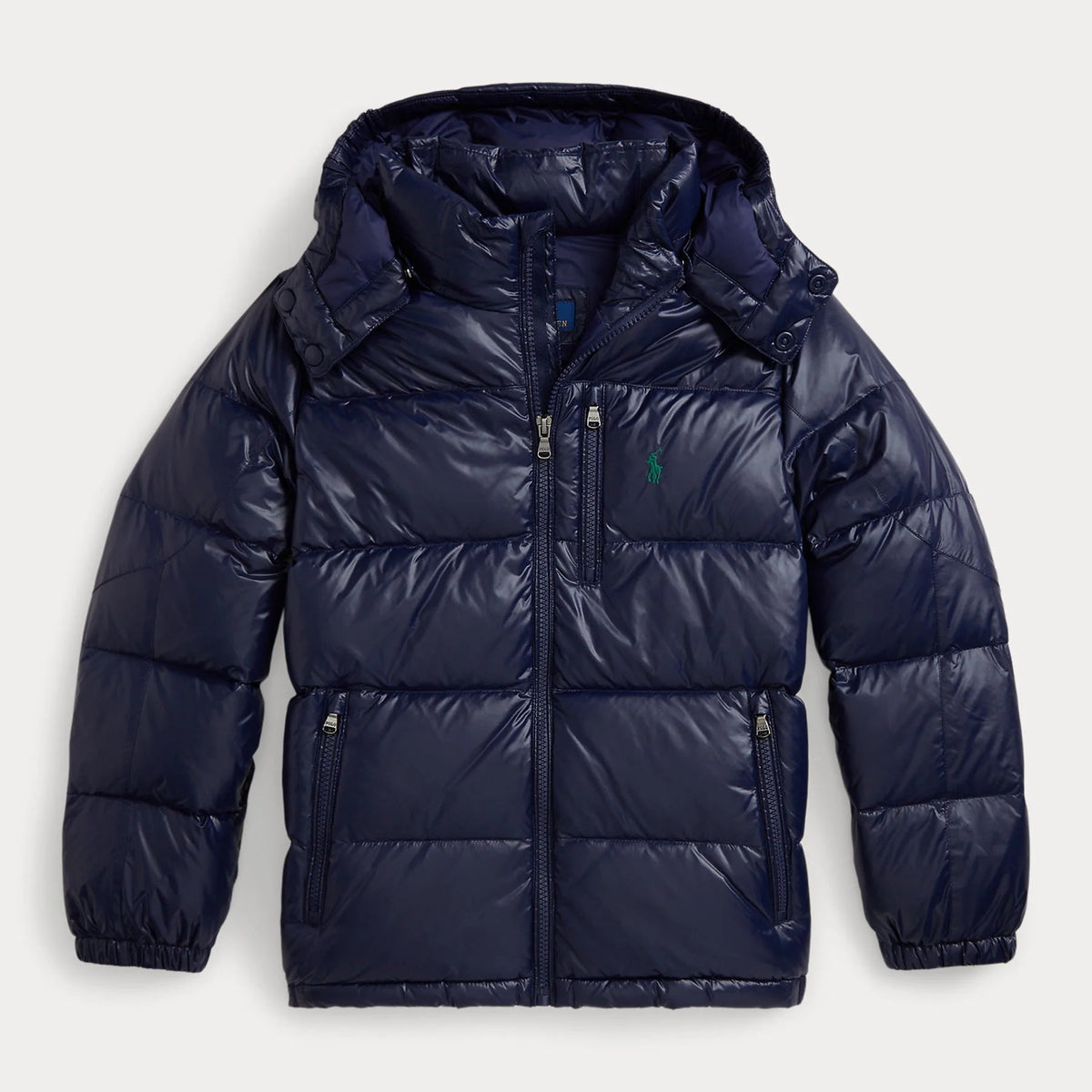Navy blue puffer jacket on a light gray background