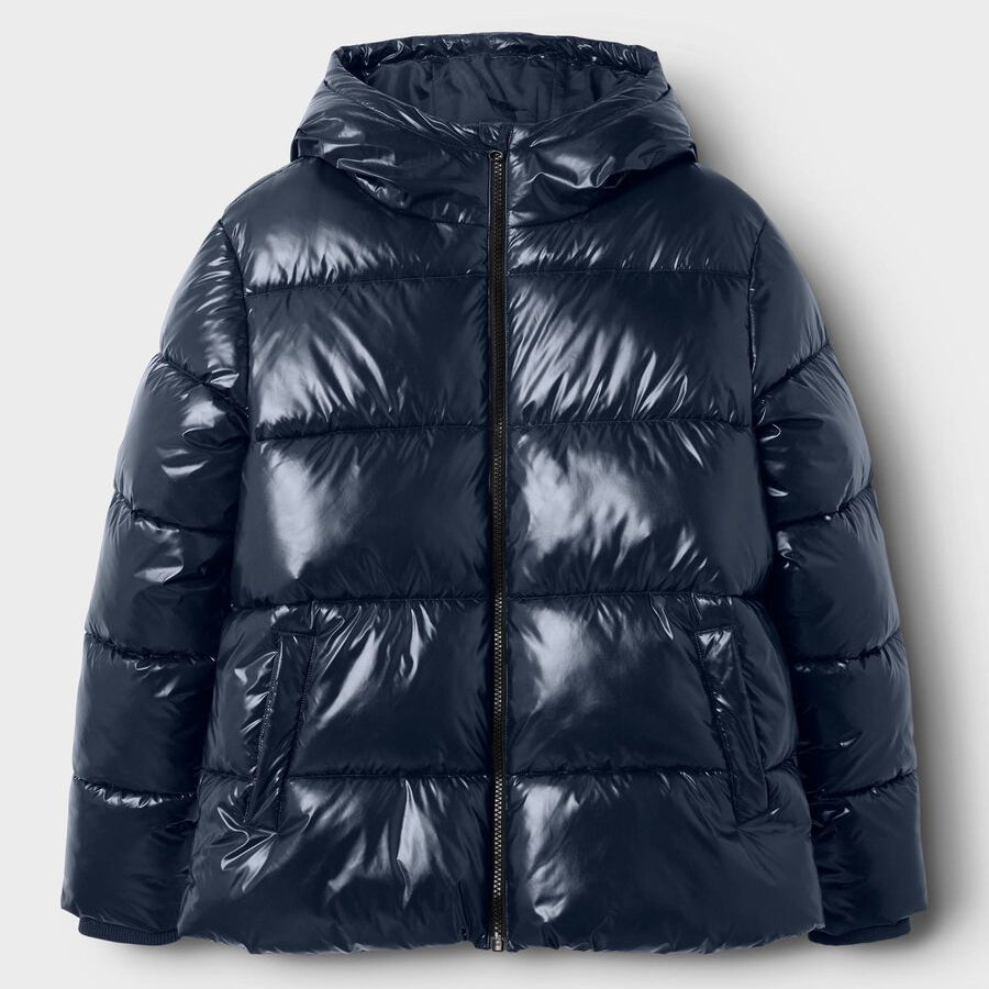 Navy blue puffer jacket on a light gray background