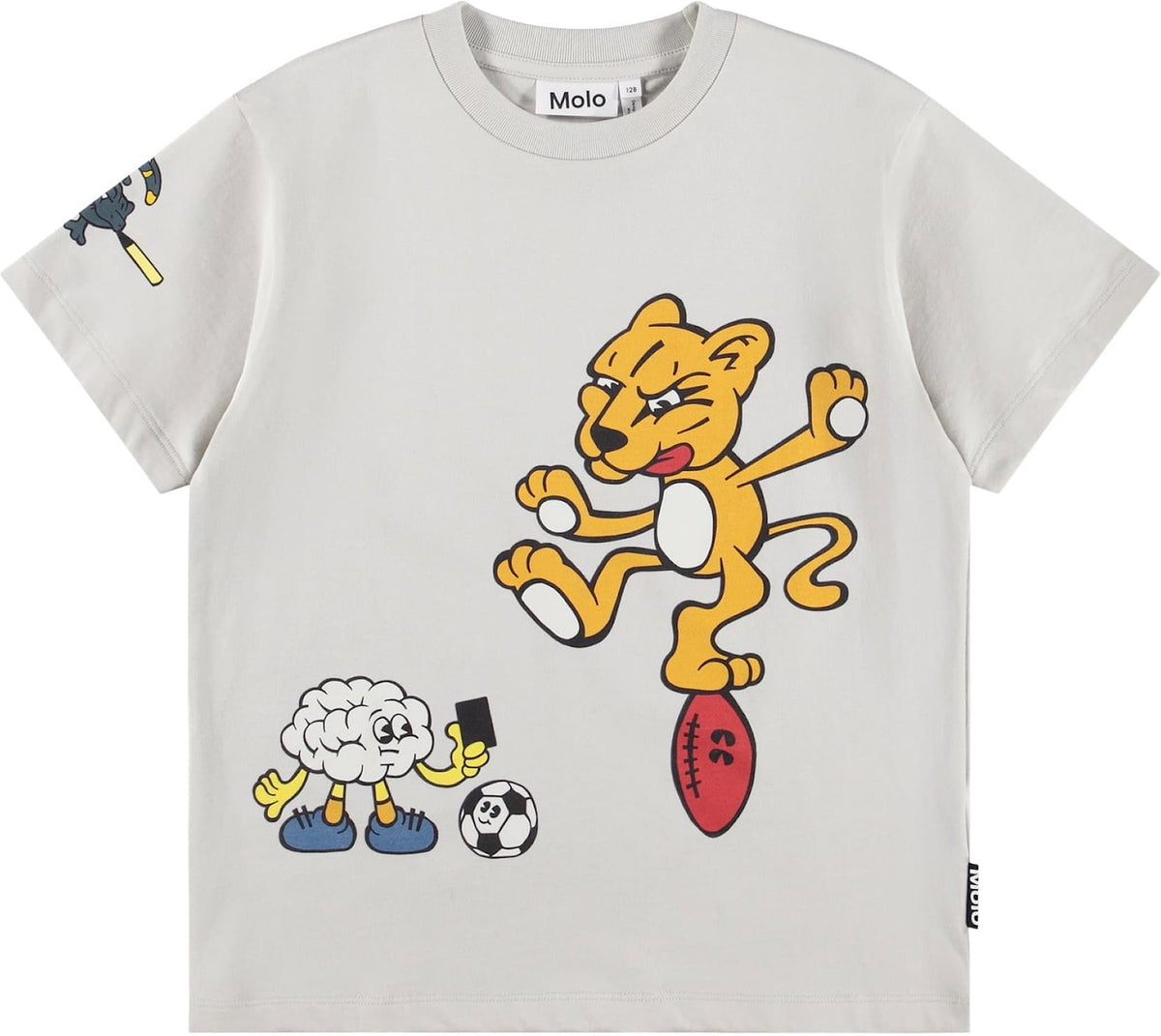 A light gray short-sleeve t-shirt with a colorful cartoon graphic of a yellow cheetah kicking a red football, next to a sheep character holding a soccer ball and a referee card. The brand name 'Molo' is visible on the inner neck label and the side hem.