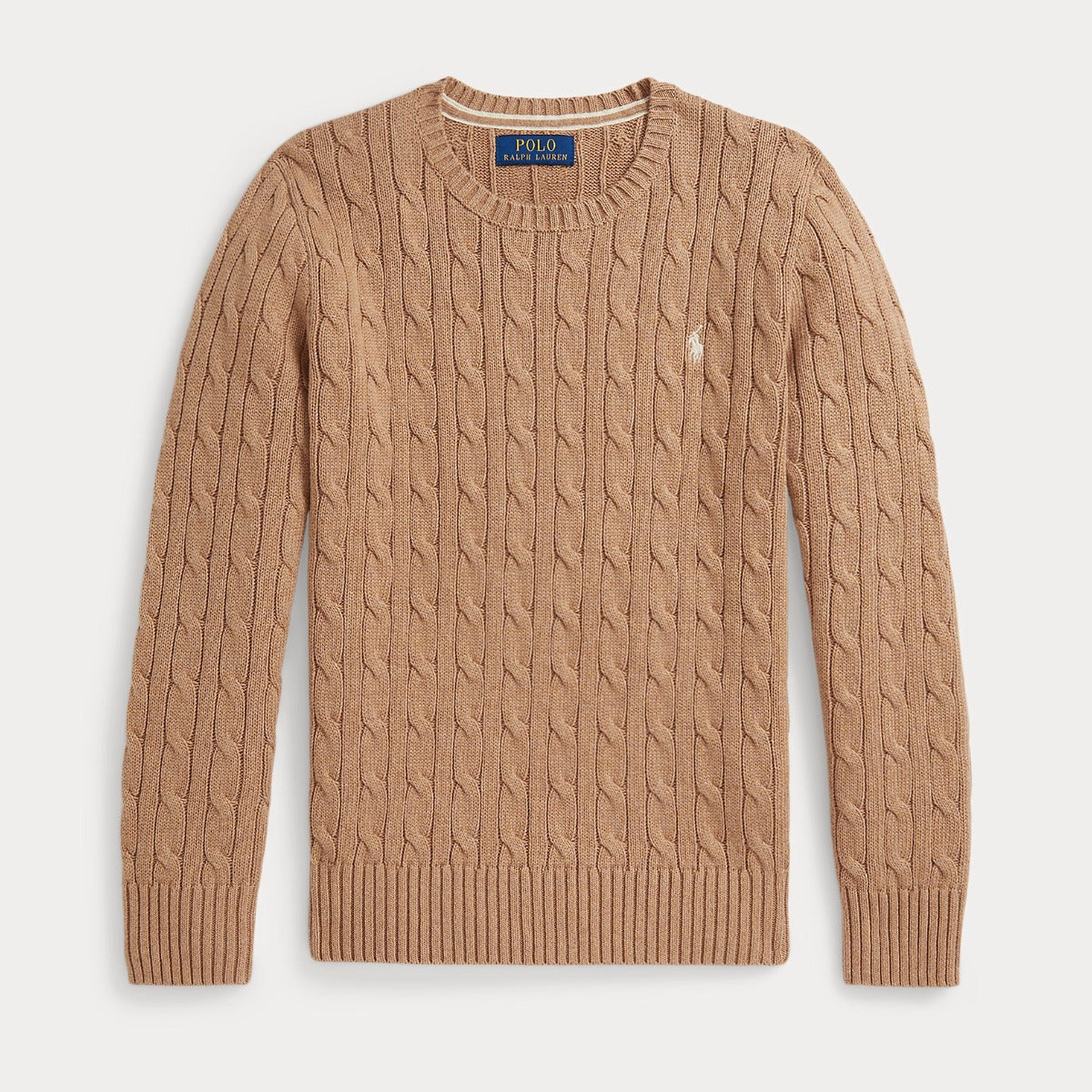 CABLE KNIT COTTON SWEATER - CAMEL HEATHER