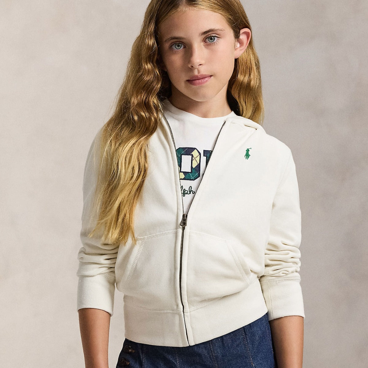 COTTON FLEECE FULL ZIP HOODIE - OFF WHITE