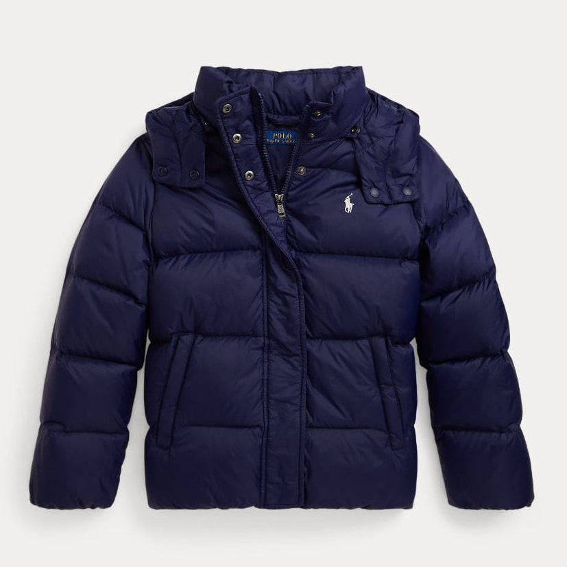 Navy blue puffer jacket with brand logo on a light gray background