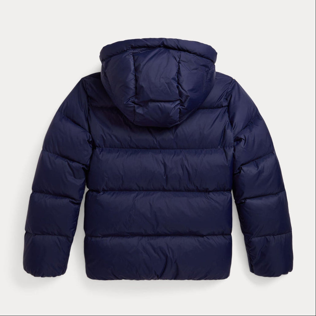 Navy blue puffer jacket on a light gray background