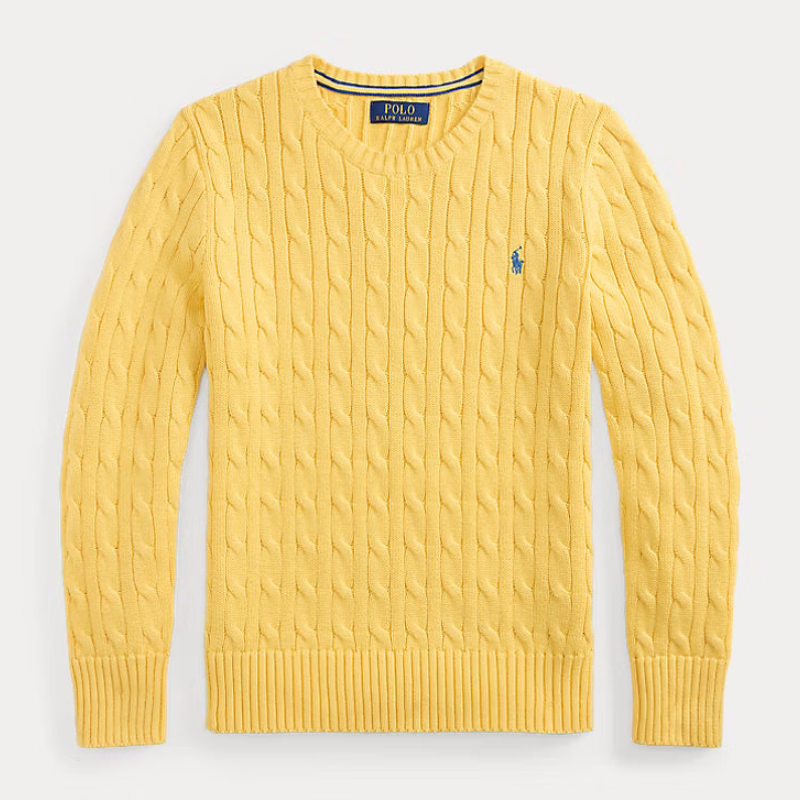 A yellow cable-knit crewneck sweater by Polo Ralph Lauren, featuring a small embroidered blue pony logo on the left chest, displayed against a light gray background.