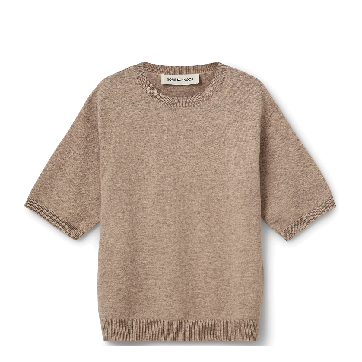 A short-sleeve crewneck knit sweater in a heathered taupe-beige color, shown flat against a plain white background. The brand name 'SWEATSHOOP' is visible on the inner neck label.