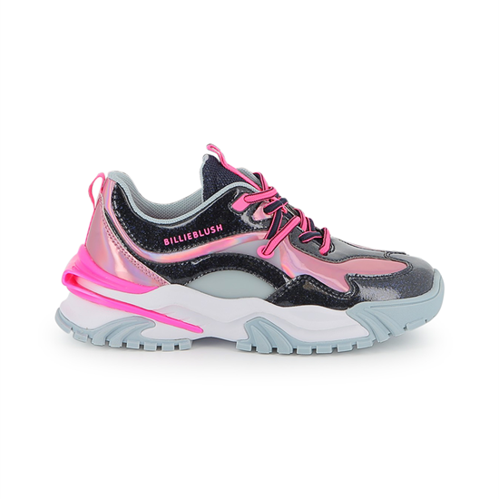 Multicolored sneaker with pink accents on a white background