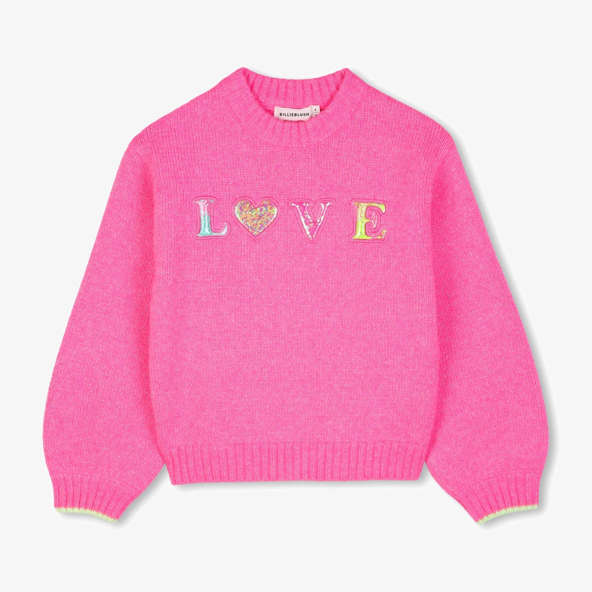 A bright pink crewneck sweater with the word 'LOVE' embroidered across the chest, where the 'O' is a small heart. The sweater is displayed flat against a clean, off-white background.