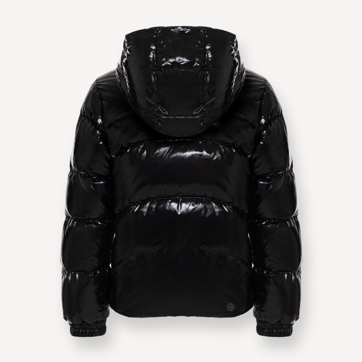 Black puffer jacket with shiny finish on a white background