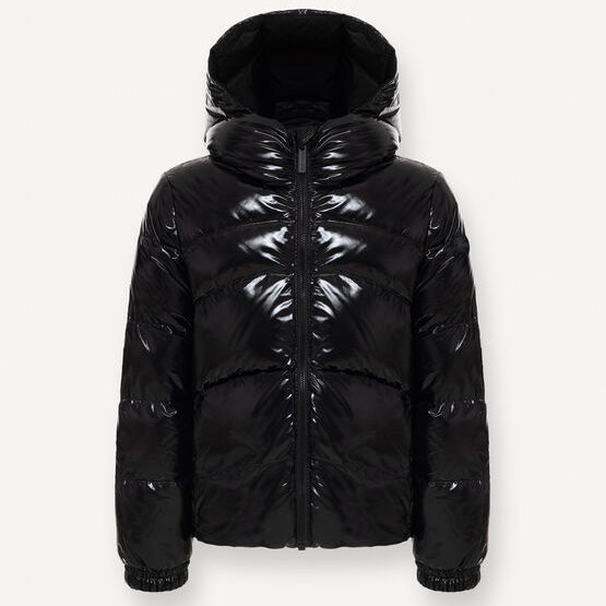 Black shiny puffer jacket from Colmar on a white background