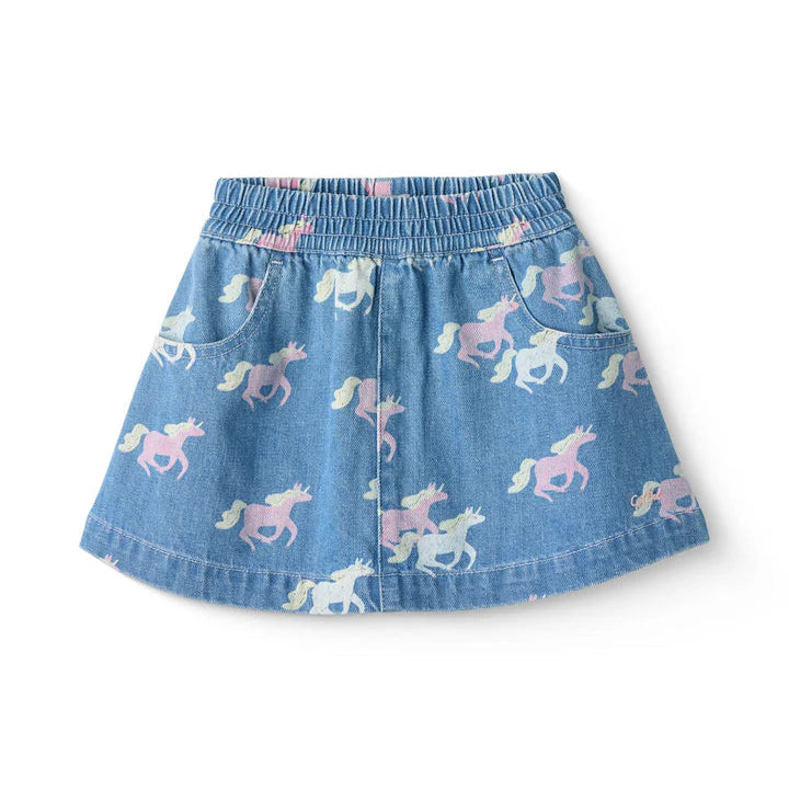 Blue denim skirt with unicorn pattern on a white background