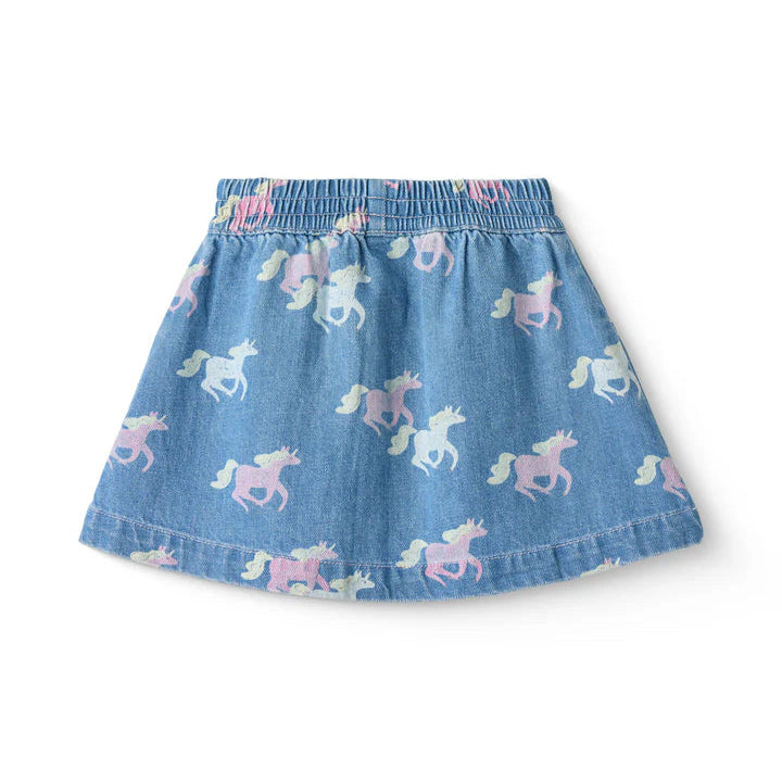 Blue denim skirt with unicorn pattern on a white background