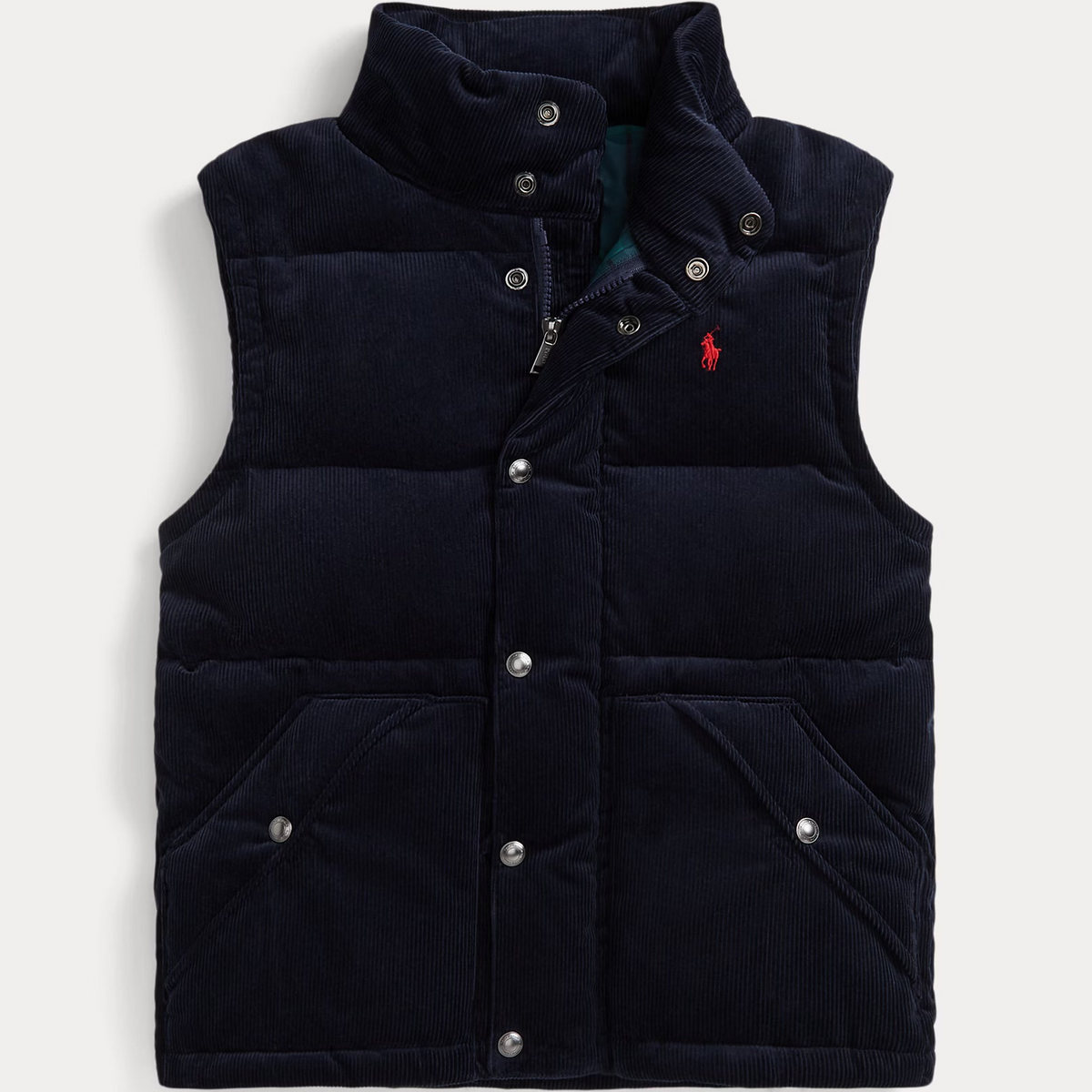 A navy blue corduroy puffer vest with a high collar and silver snap buttons, featuring the signature red Polo pony logo on the left chest, set against a light gray background.