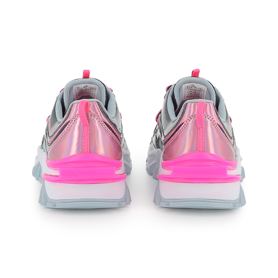 Pair of sneakers with pink and gray design on a white background