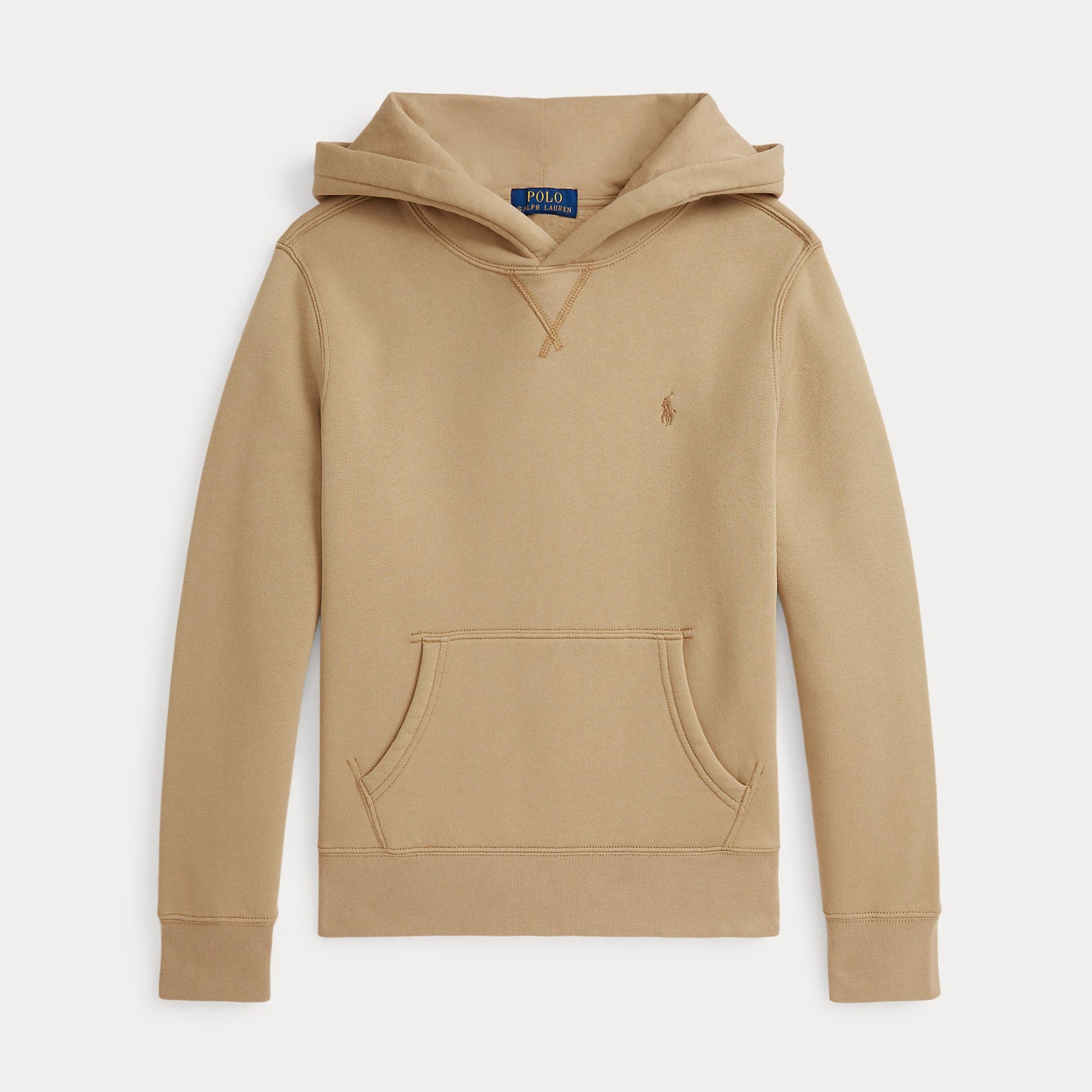 Beige hoodie with a brand logo on a white background