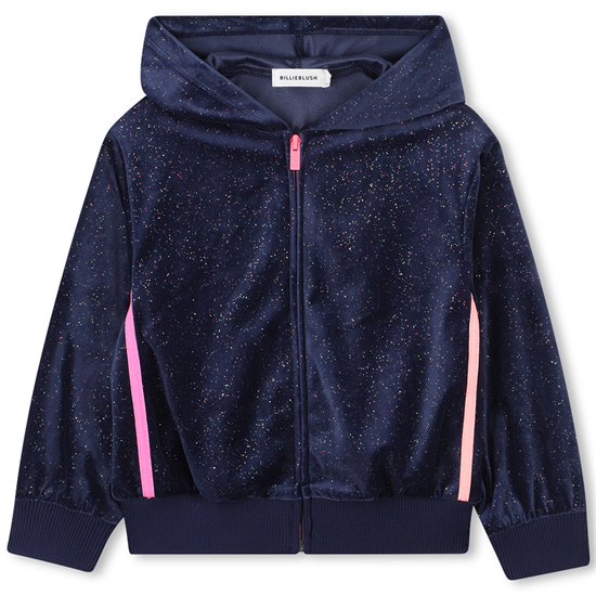 Navy blue hoodie with pink accents on a white background