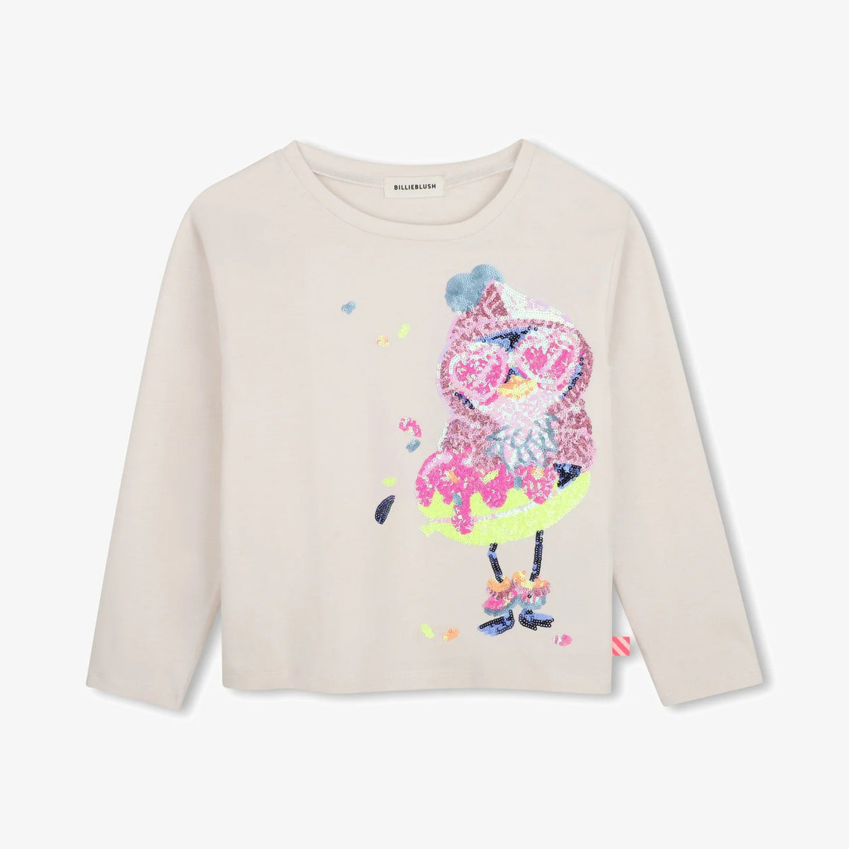 A cream-colored long-sleeve crewneck top for kids, featuring a colorful graphic print of a cartoon character wearing a party hat and holding a heart-shaped megaphone.