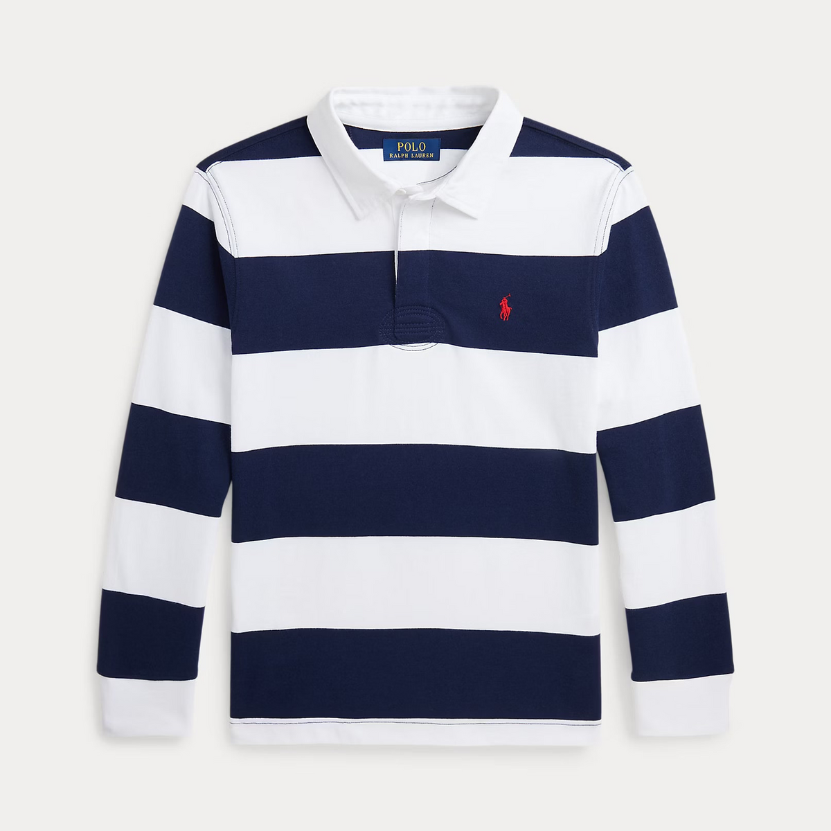 Navy and white striped rugby shirt with Polo Ralph Lauren logo on a light gray background