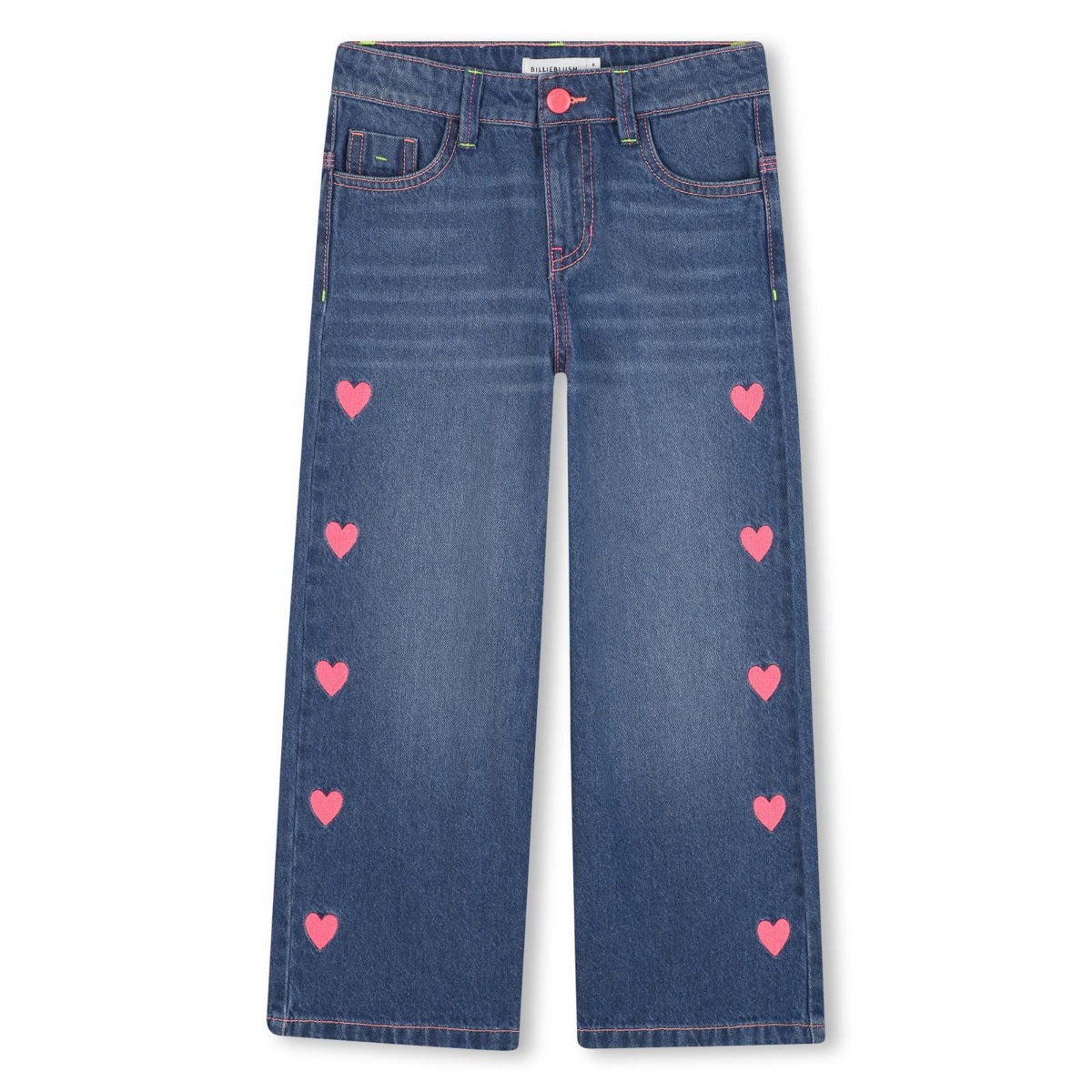Blue jeans with pink heart patterns on a white background