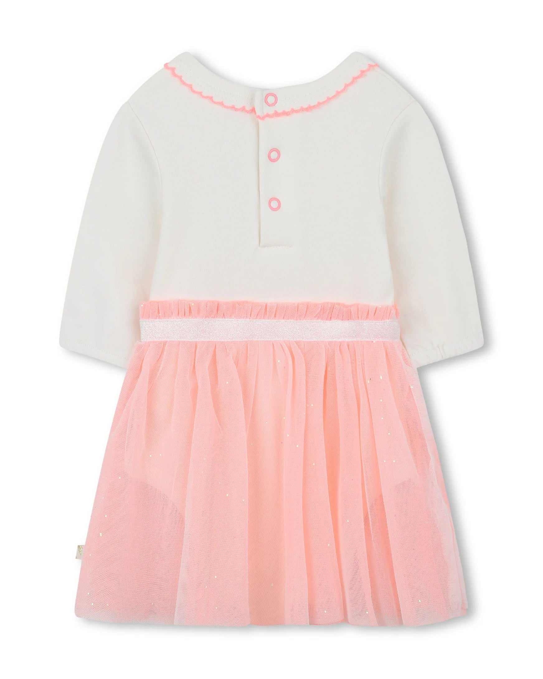 White top with pink trim and pink tulle skirt on a white background