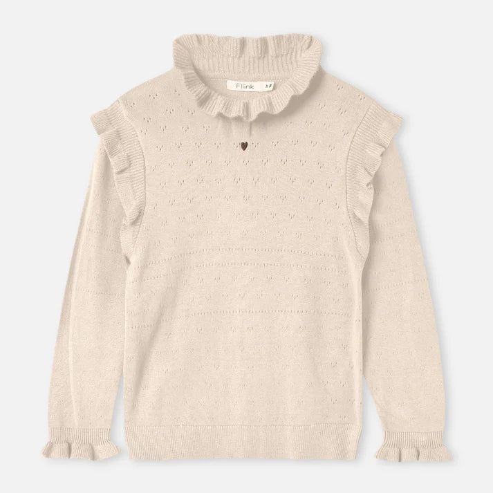 Beige sweater with ruffled collar and cuffs on a white background