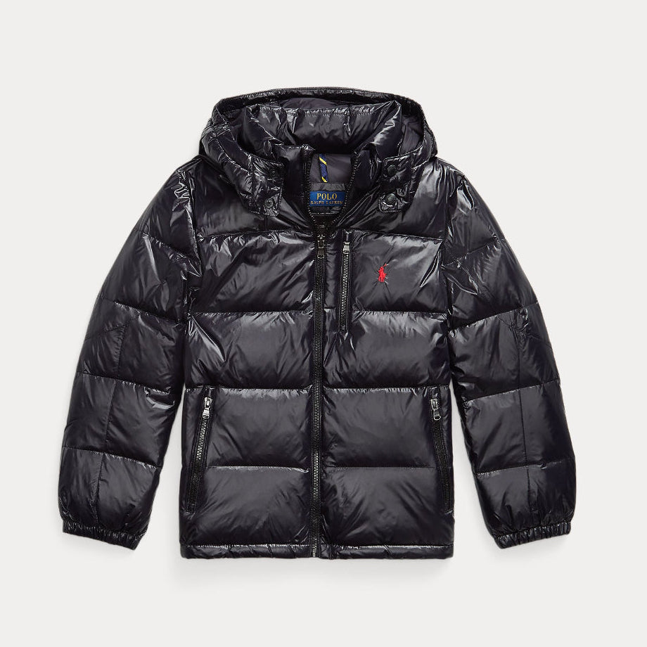 GLOSSED DOWN HOODED JACKET - SVART