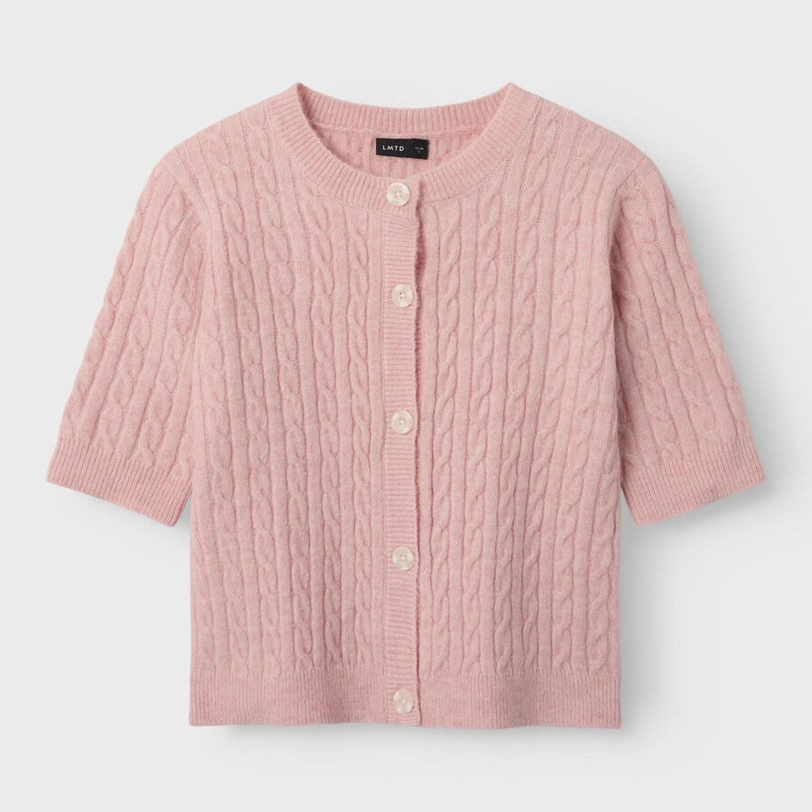 Pink cable knit cardigan on a light gray background