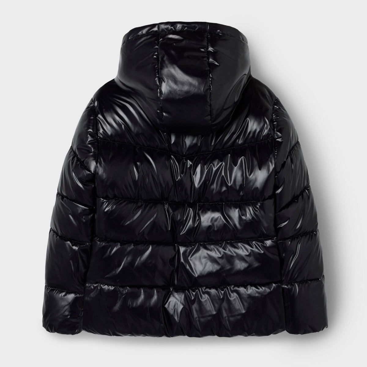 Black puffer jacket on a light gray background