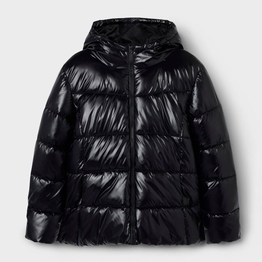 Black shiny puffer jacket with a hood
