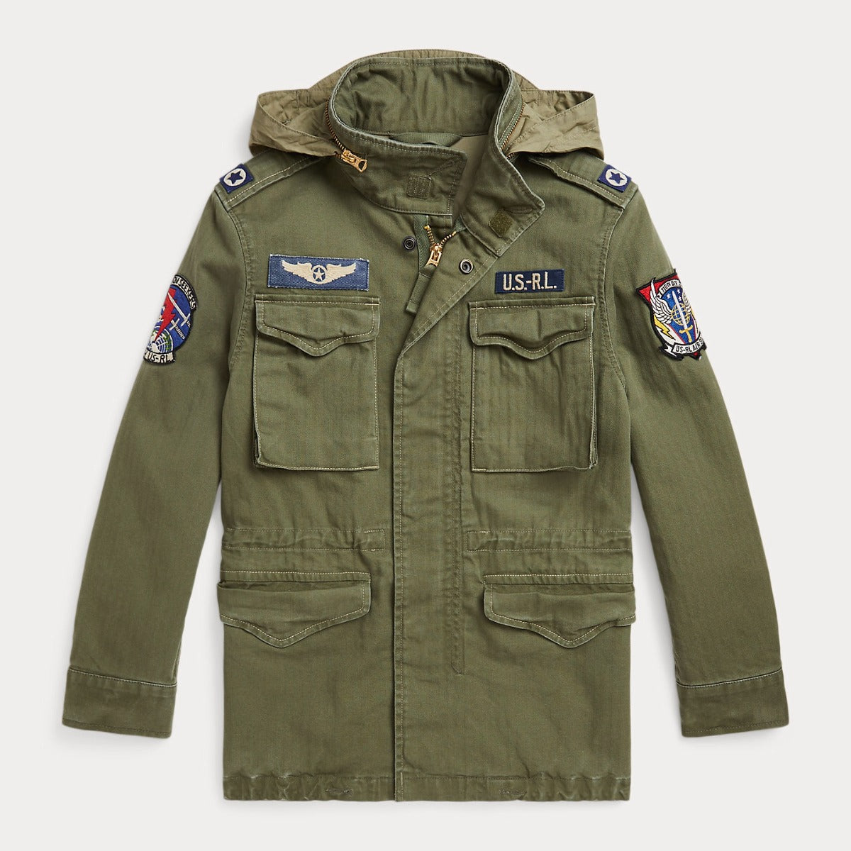 Green military-style jacket with patches on a white background