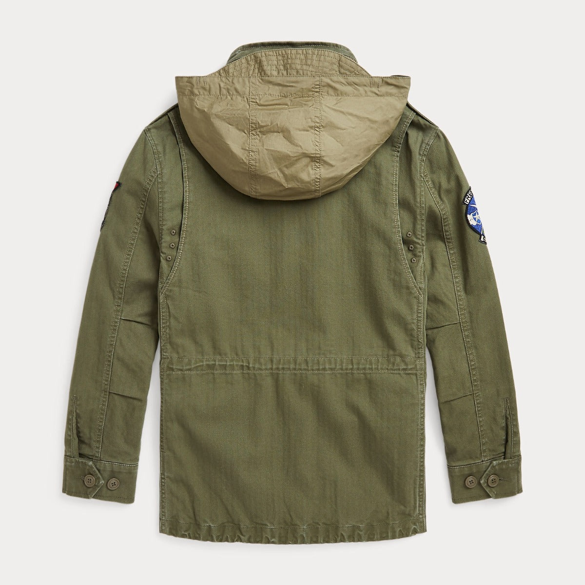 Ralph Lauren military green jacket with a hood on a white background