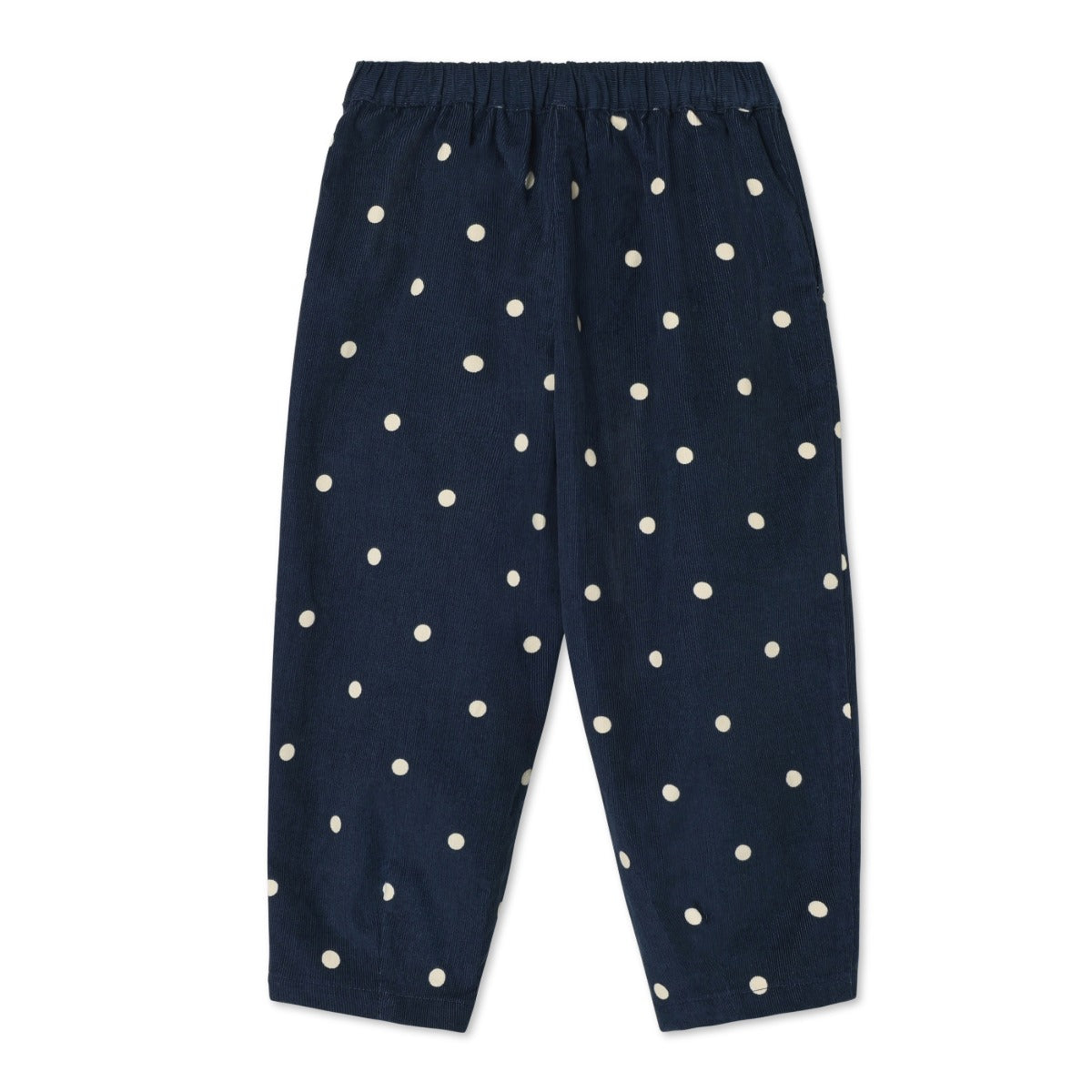 Navy blue pants with white polka dots on a white background