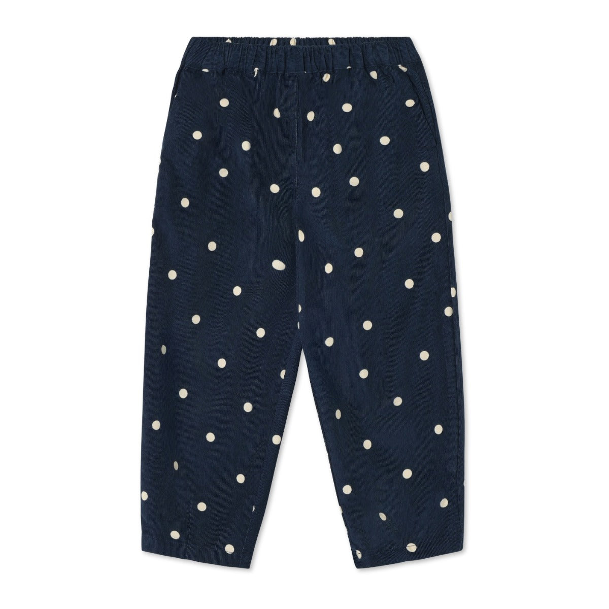 Navy blue pants with white polka dots on a white background