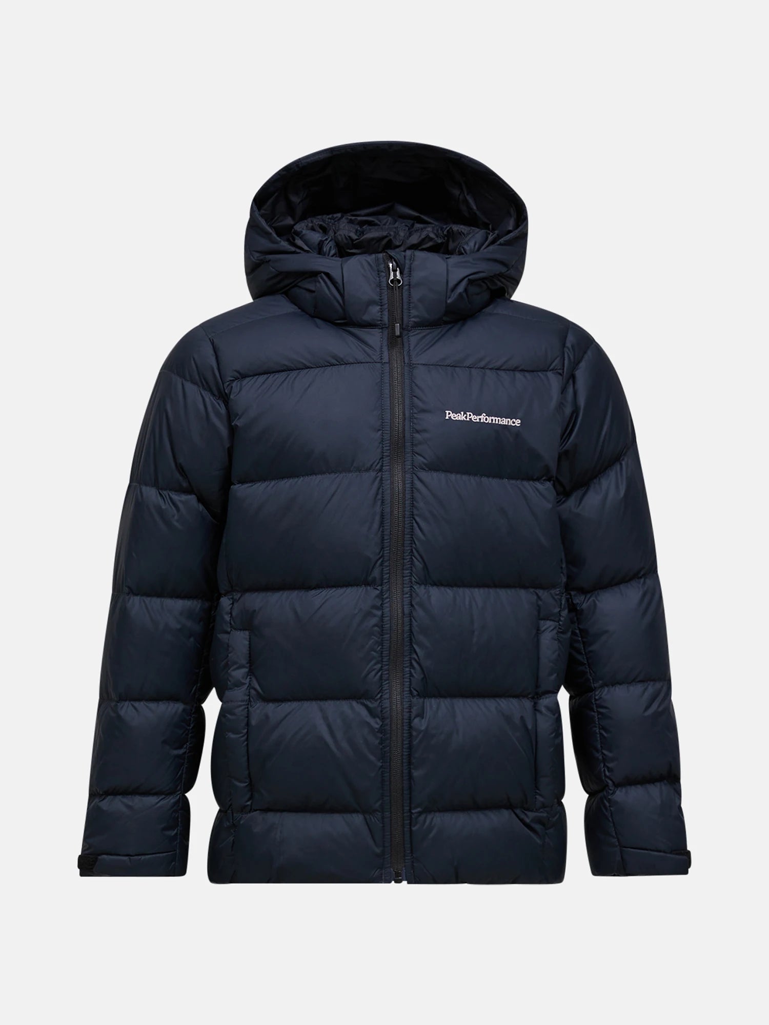 Black puffer jacket with a brand logo on a light gray background