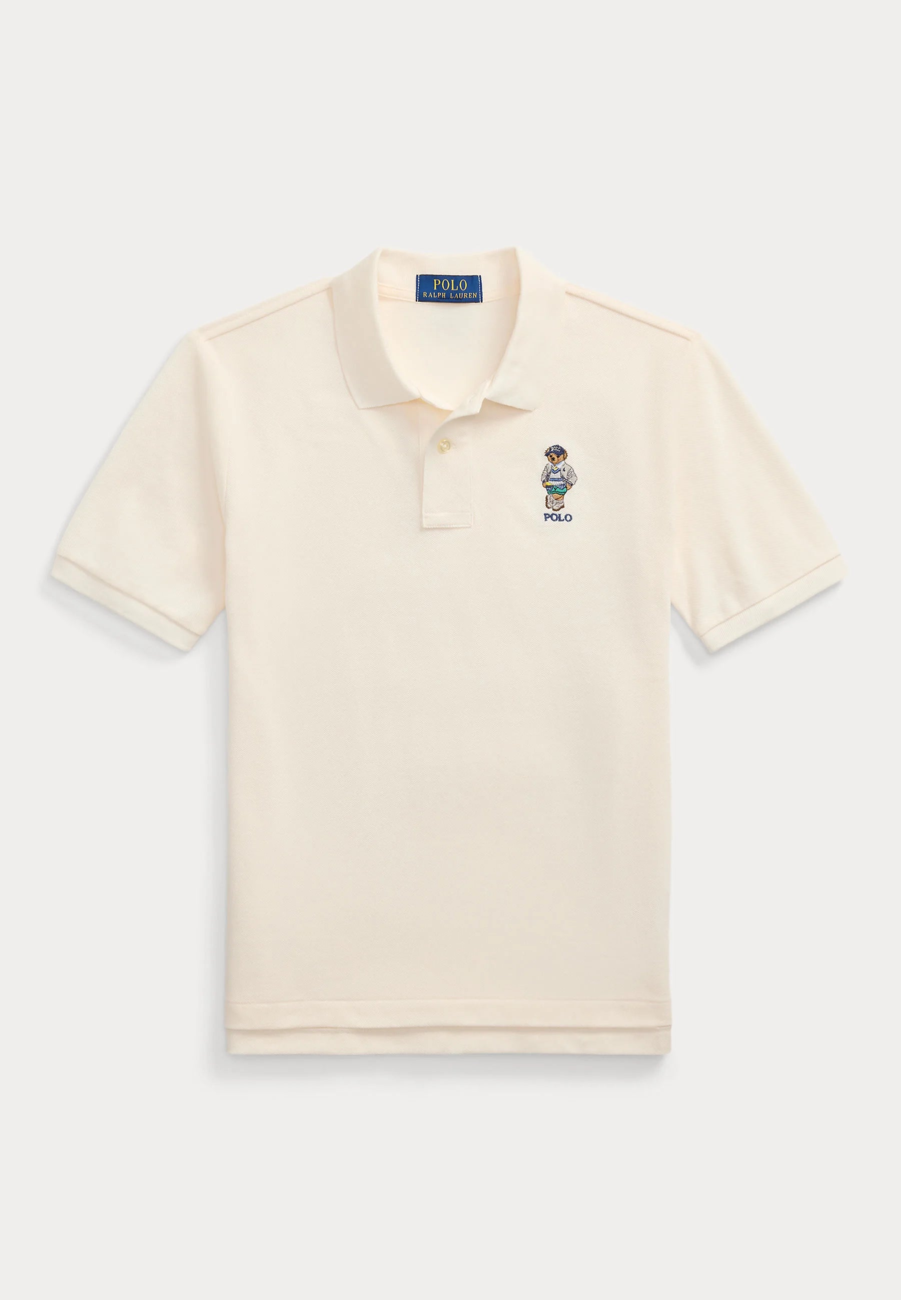 Beige polo shirt with a small logo on a light gray background