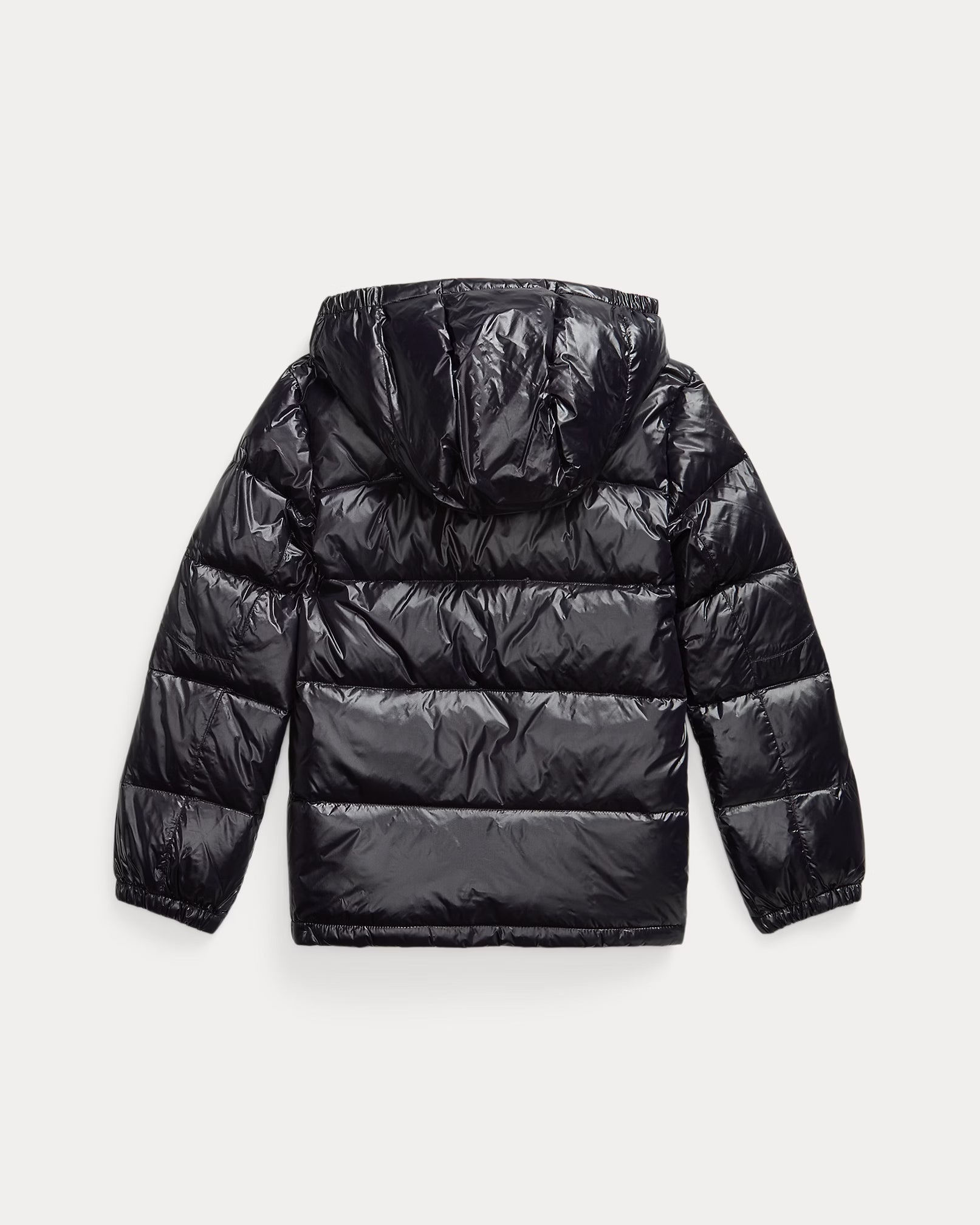 Black puffer jacket with a hood on a light gray background