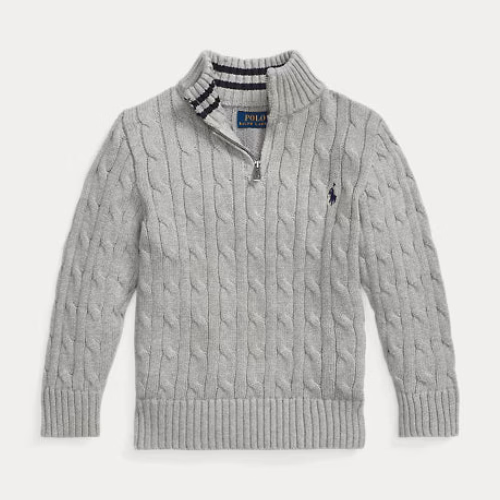A light gray cable-knit quarter-zip sweater with a small navy Polo pony logo on the chest, displayed on a clean off-white background.