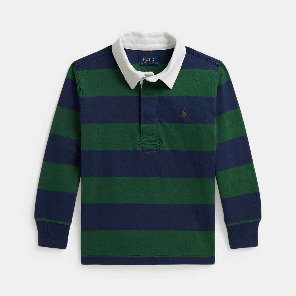 A long-sleeve polo shirt by Polo Ralph Lauren featuring horizontal stripes of navy blue and forest green, with a contrasting white collar and the signature embroidered polo pony logo on the chest.