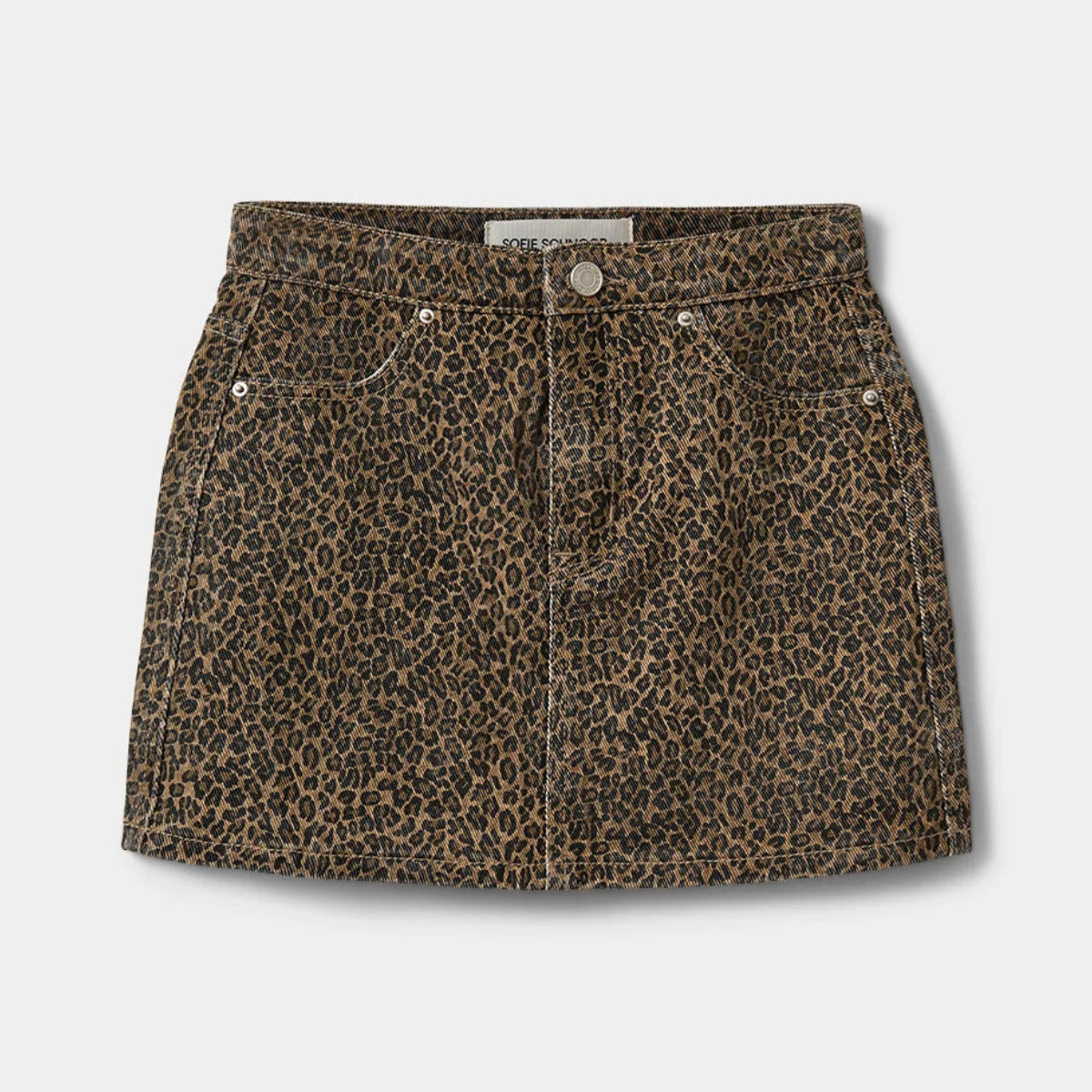 A leopard print mini skirt in brown and beige tones, featuring a button closure and front pockets, shown flat on a light gray background.