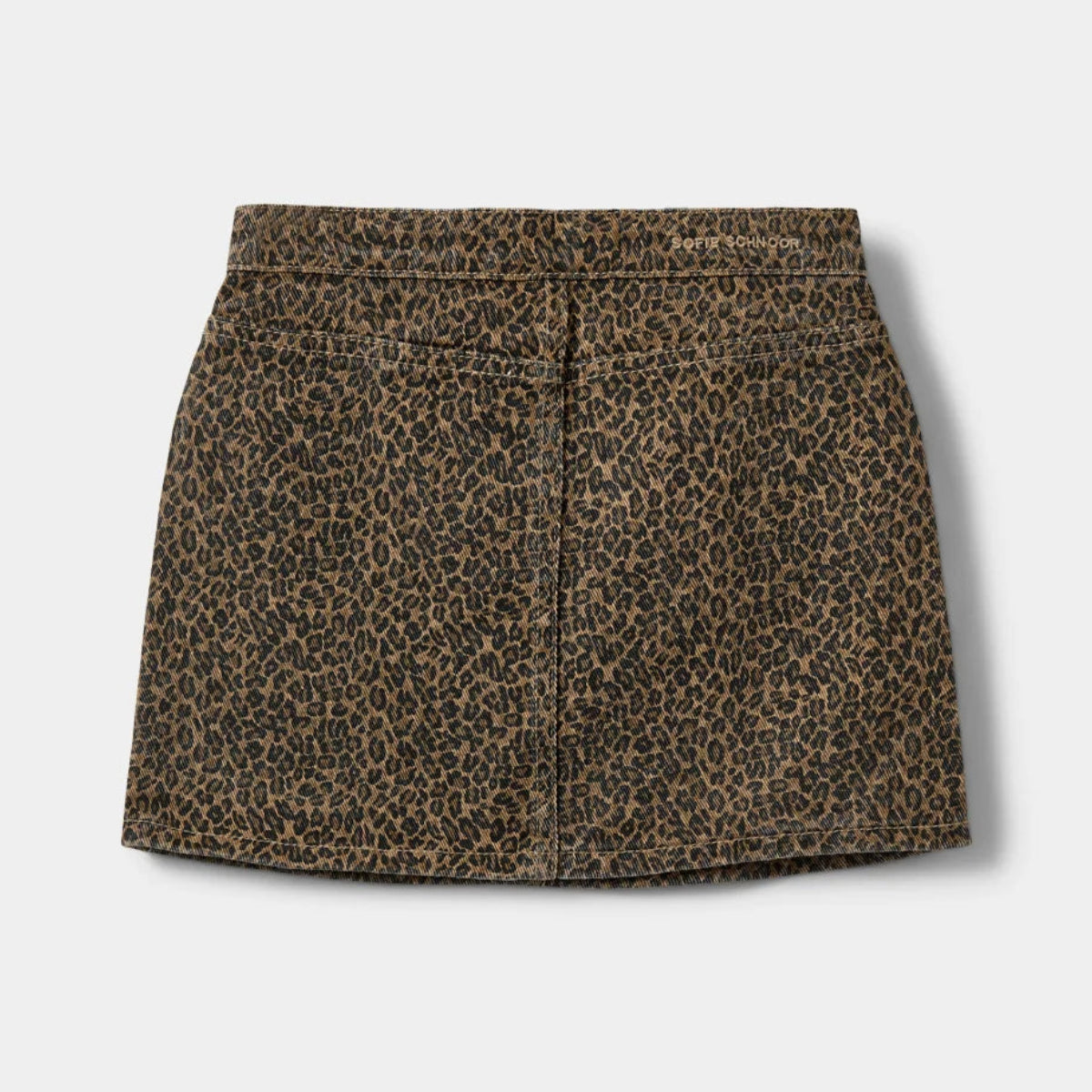 A brown and black leopard print mini skirt with a textured tweed-like finish, shown flat against a light gray background.