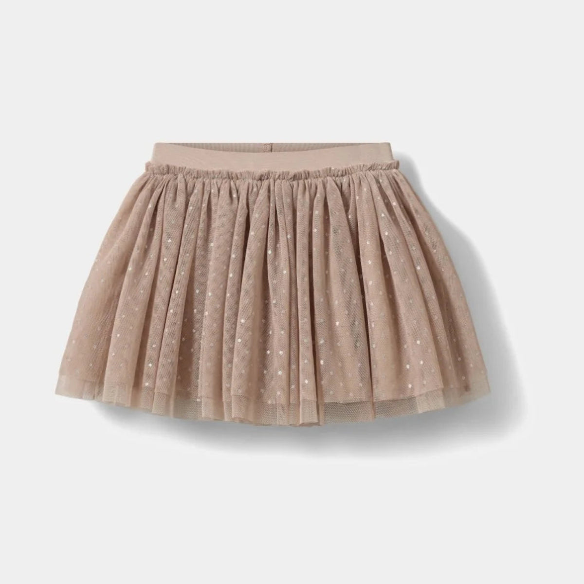 A light pink tulle tutu skirt with a subtle dotted pattern, shown flat against a light gray background.