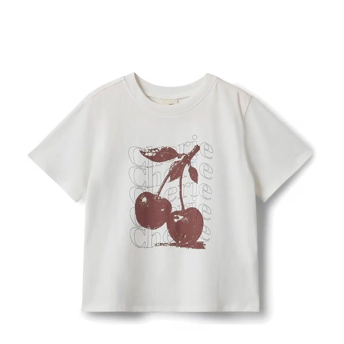 A white short-sleeve crewneck t-shirt featuring a graphic print of two red cherries with a stem over a faded gray script background.