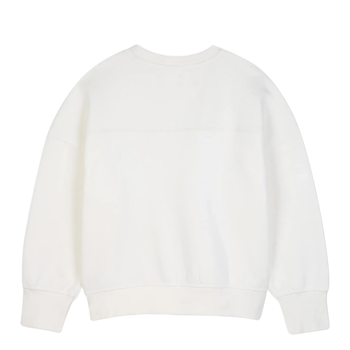A white crewneck sweatshirt shown from the back, featuring a relaxed fit with dropped shoulders and ribbed cuffs and hem, set against a plain white background.