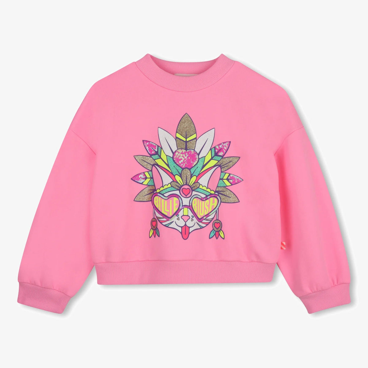 A pink crewneck sweatshirt featuring a colorful graphic print of a stylized face surrounded by flowers and leaves on the chest, displayed against a light gray background.