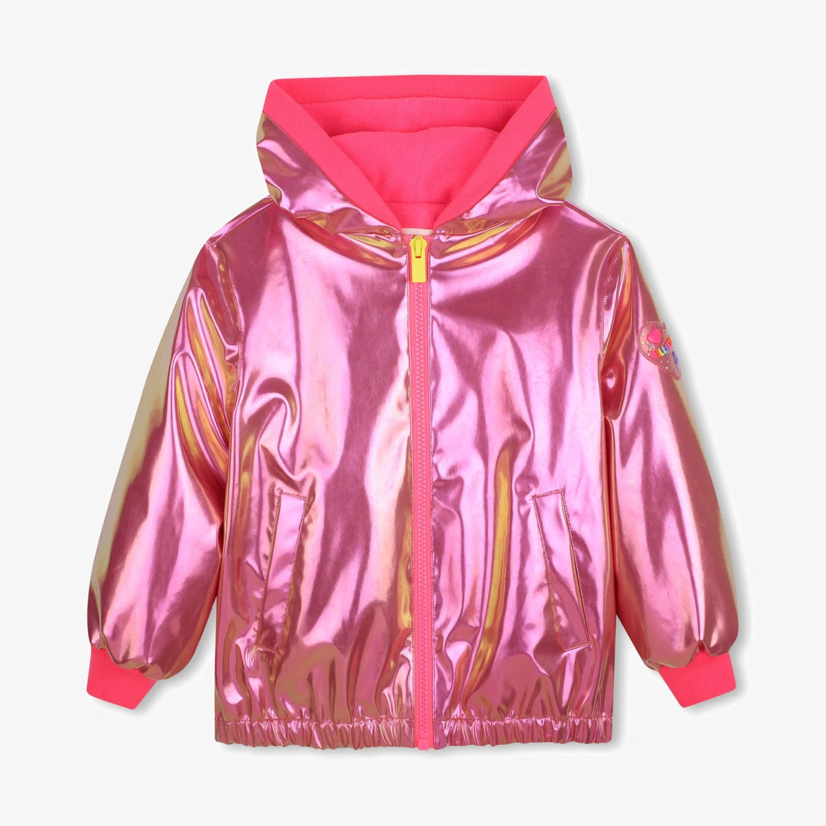 A shiny metallic pink hooded jacket with gold-toned zipper details and pink cuffs, shown flat against a light gray background.