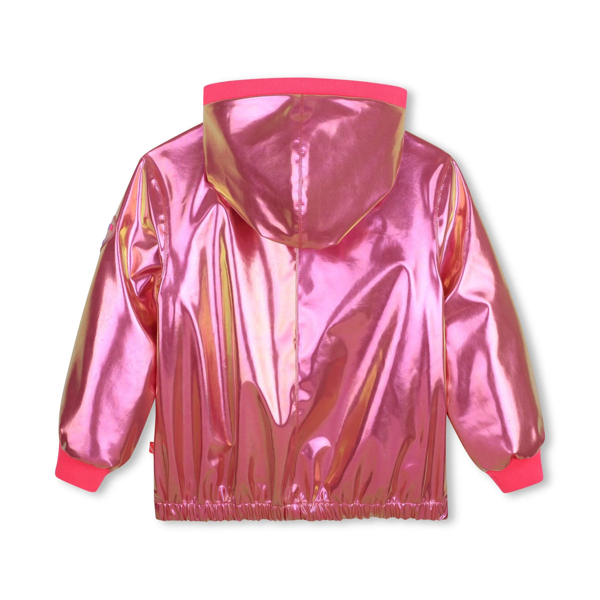 A shiny metallic pink hooded jacket shown from the back, featuring a bright pink hood lining and cuffs, set against a plain white background.