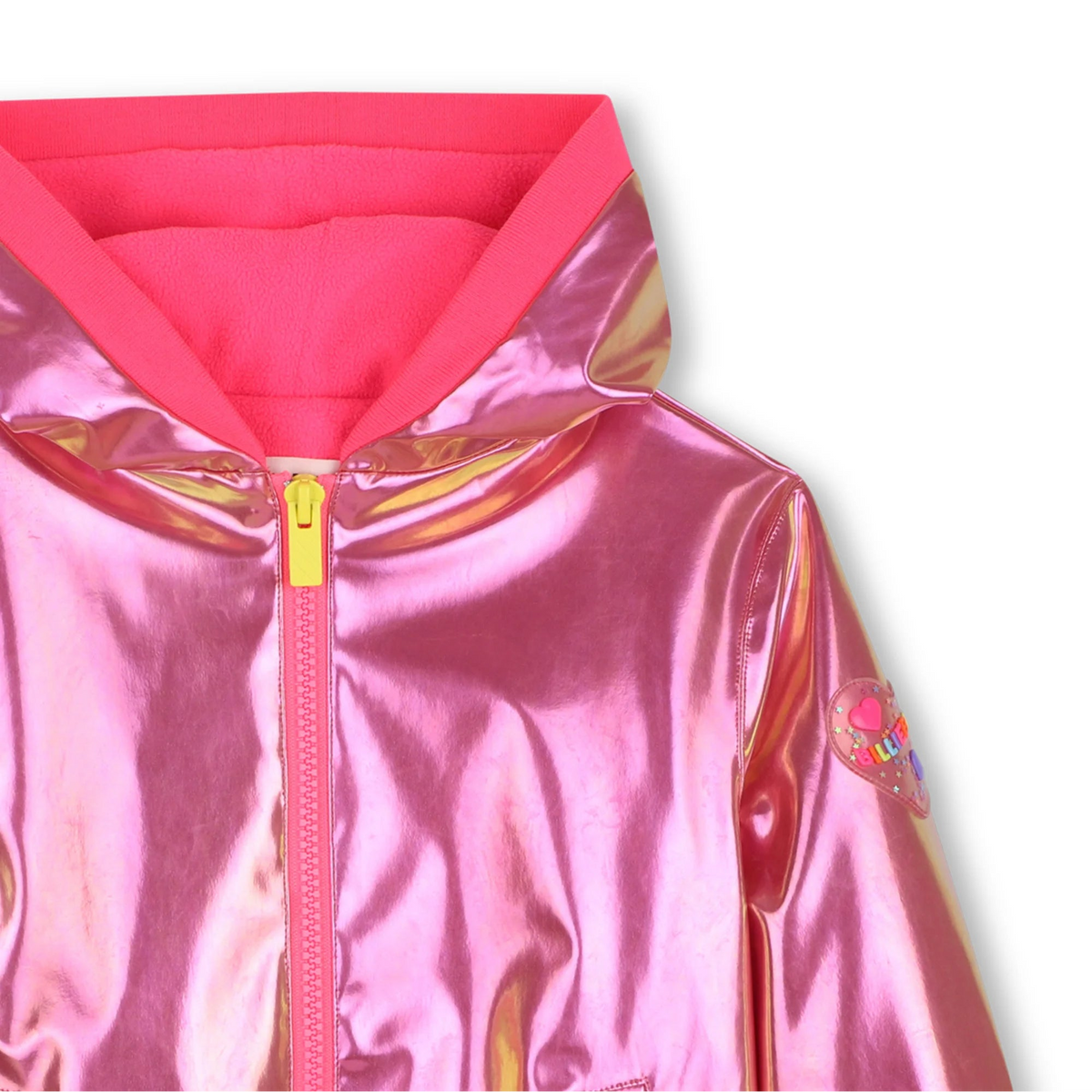 A close-up of a shiny metallic pink hooded jacket with a bright pink hood lining and a yellow zipper pull, shown against a plain white background.