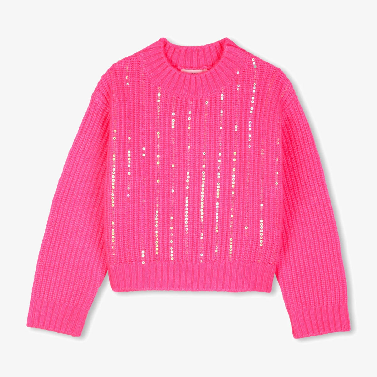 A bright pink ribbed knit sweater with vertical silver sequin embellishments, displayed flat against a light gray background.
