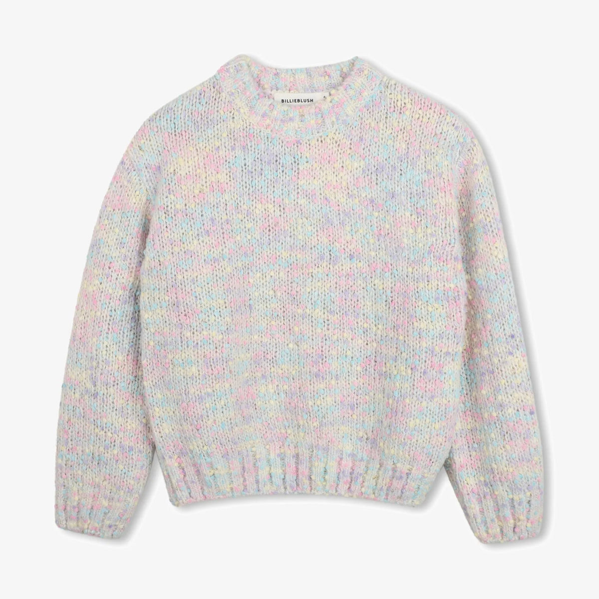 A long-sleeve knit crewneck sweater in a soft pastel marled blend of light pink, blue, and white, shown against a plain light gray background.